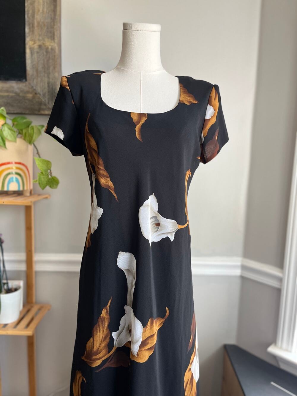 Vintage 90s Maxi Dress Black White Calla Lily Size Large